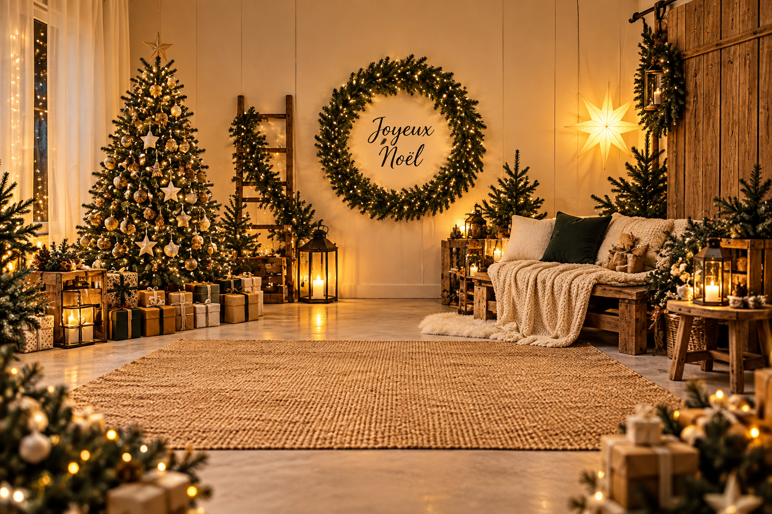 Décor de Noël chaleureux avec sapin illuminé, couronne et ambiance naturelle pour les mini-séances photo à Saint-Girons.